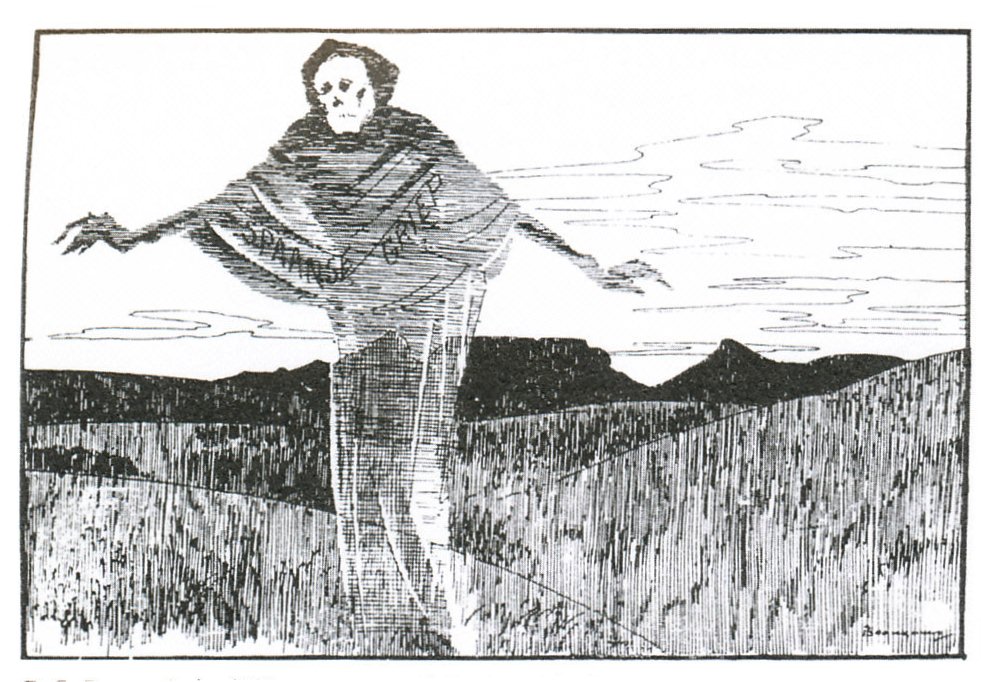 This cartoon appeared in the newspaper Die Burger on 16 October 1918, and depicts the “Spanish ‘flu” as the grim reaper, Table Mountain in the background. 