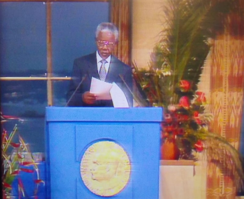 Mandela giving a speech on receiving the Nobel Peace Price.